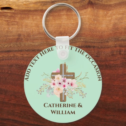 Gepersonaliseerde doop & doop Bloemenkruis Sleutelhanger (Voorkant)