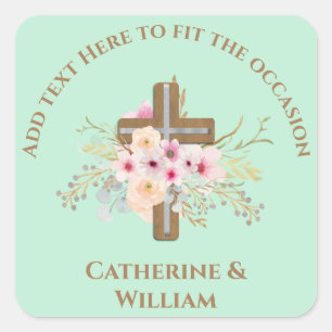 Gepersonaliseerde doop & doop Bloemenkruis Vierkante Sticker