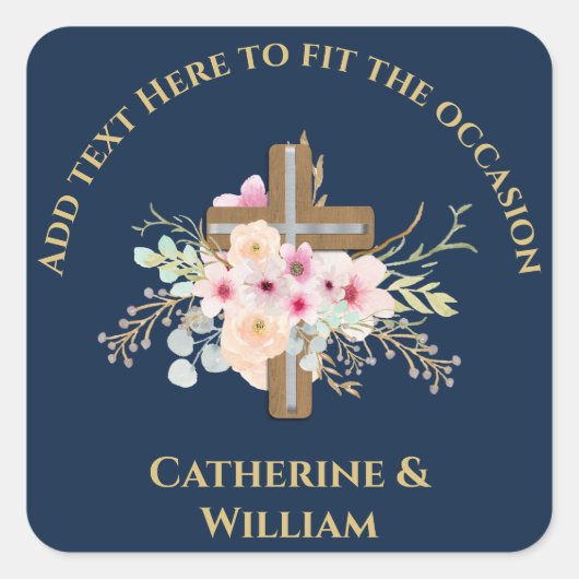 Gepersonaliseerde doop & doop Bloemenkruis Vierkante Sticker (Voorkant)
