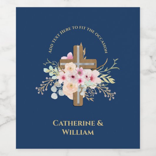 Gepersonaliseerde doop & doop Bloemenkruis Wijn Etiket (Enkel label)