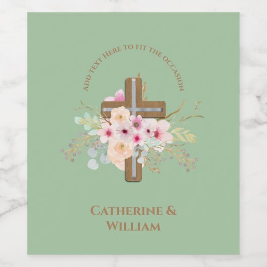 Gepersonaliseerde doop & doop Bloemenkruis Wijn Etiket (Enkel label)