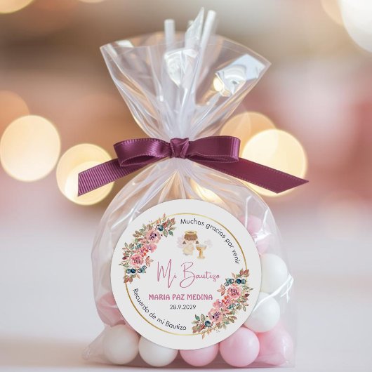 Gepersonaliseerde doop en gunsten geschenken roze  ronde sticker