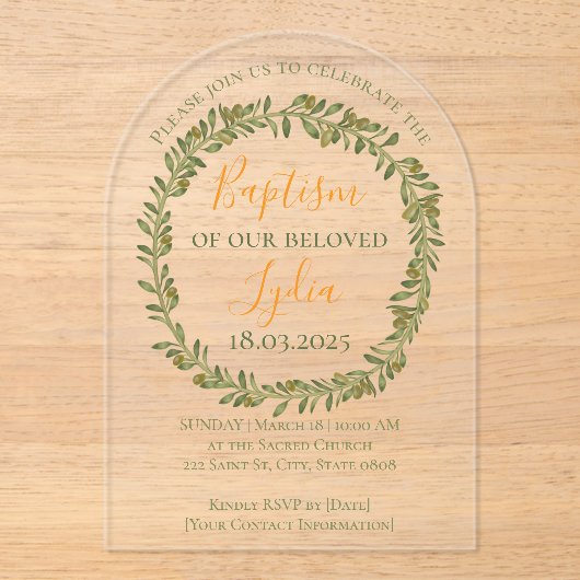 Gepersonaliseerde doop Olijfkrans Acryl Uitnodigingen (Voorkant)
