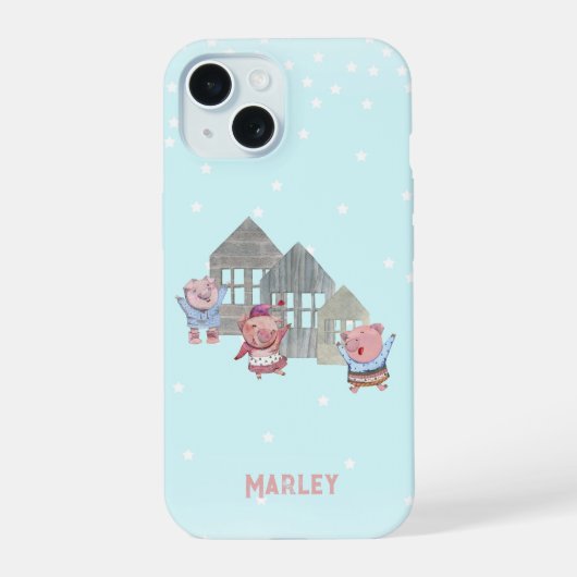Gepersonaliseerde Drie Biggetjes met hun Huizen iPhone 15 Case (Achterkant)