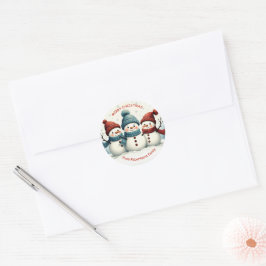 Gepersonaliseerde drie sneeuwpoppen kerstcadeaus ronde sticker