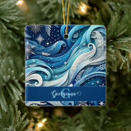 Gepersonaliseerde Dromerige Blauwe en Frosty Winte Keramisch Ornament