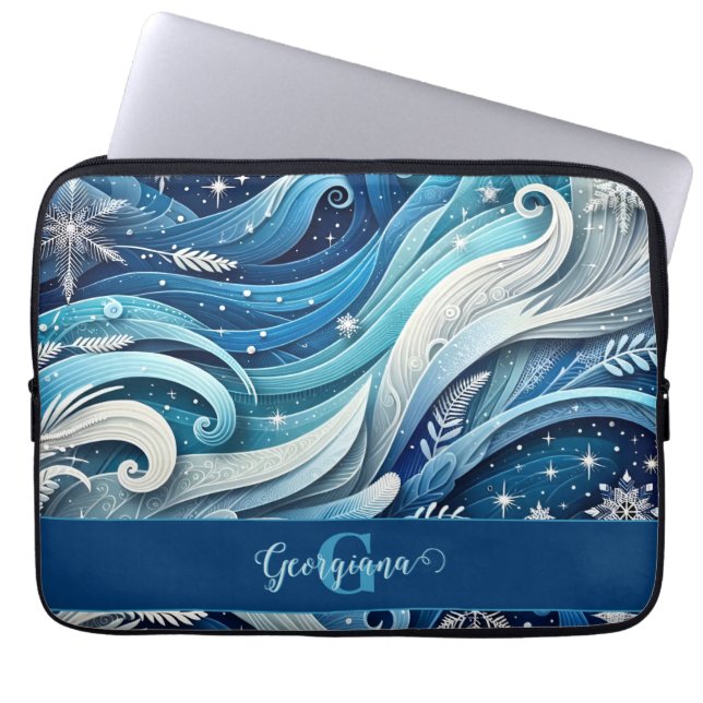 Gepersonaliseerde Dromerige Blauwe en Frosty Winte Laptop Sleeve (Voorkant)