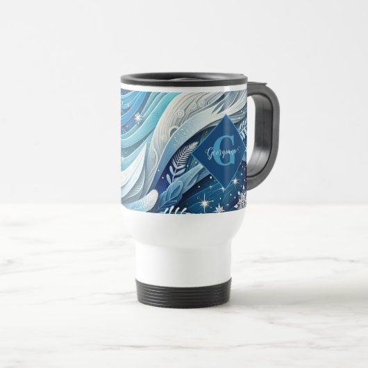 Gepersonaliseerde Dromerige Blauwe en Frosty Winte Reisbeker (Voorkant rechts)