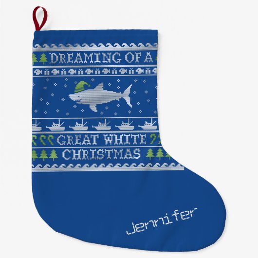 Gepersonaliseerde droom van Great White Shark Blue Grote Kerstsok (Voorkant)