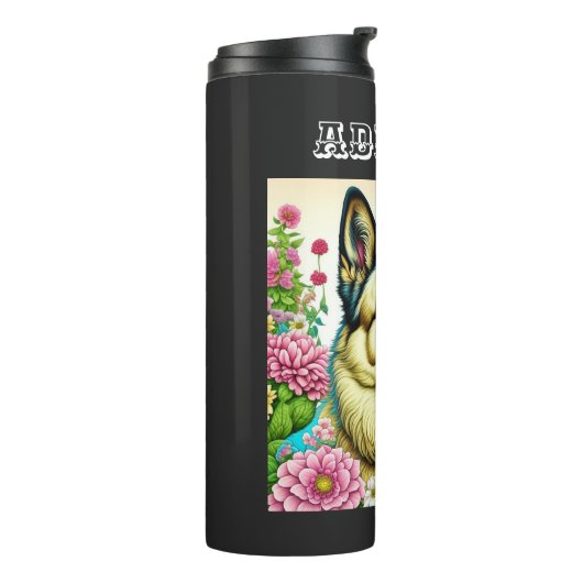 Gepersonaliseerde Duitse herder en grillige bloeme Thermosbeker (Gedraaid links)