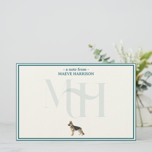 Gepersonaliseerde Duitse Herder Note Monogram Briefpapier (Staand voorkant)