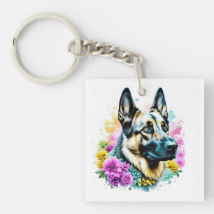 Gepersonaliseerde Duitse Herdershond en Bloemen ai Sleutelhanger