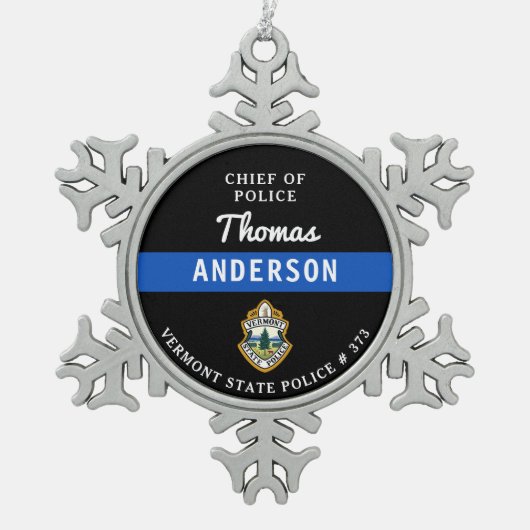 Gepersonaliseerde dunne blauwe lijn Logo politieag Tin Sneeuwvlok Ornament (Voorkant)