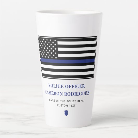 Gepersonaliseerde dunne blauwe lijn politieagent v latte mok (Voorkant)