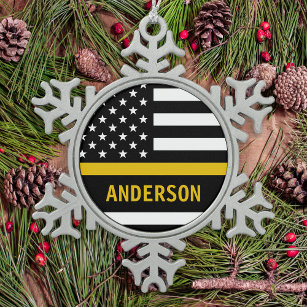 Gepersonaliseerde dunne gouden lijn vlag US 911 Di Tin Sneeuwvlok Ornament
