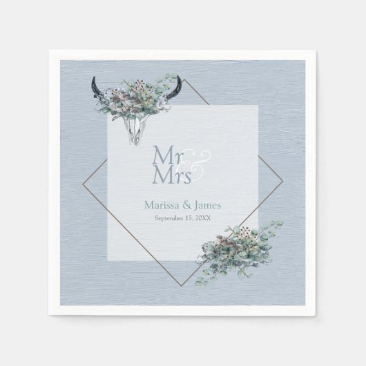Gepersonaliseerde Dusty Blue Boho Mr Mrs Wedding Servet (Voorkant)