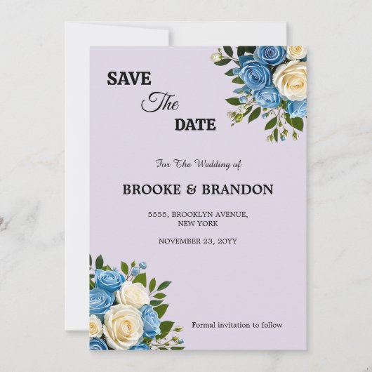 Gepersonaliseerde Dusty Blue en Ivory Floral Save The Date (Voorkant)