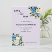 Gepersonaliseerde Dusty Blue en Ivory Floral Save The Date (Staand voorkant)