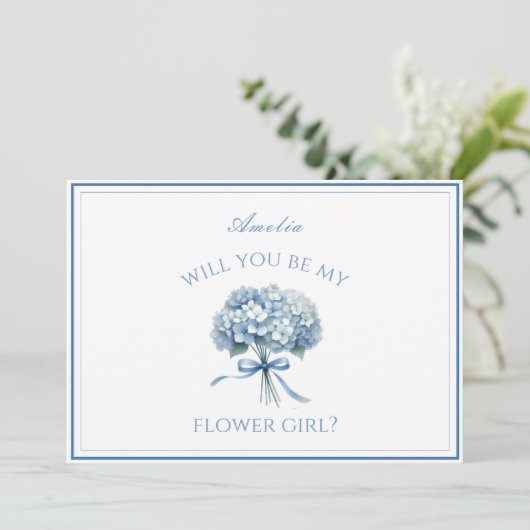 Gepersonaliseerde Dusty Blue Hydrangea Bow Bloemen Kaart (Staand voorkant)