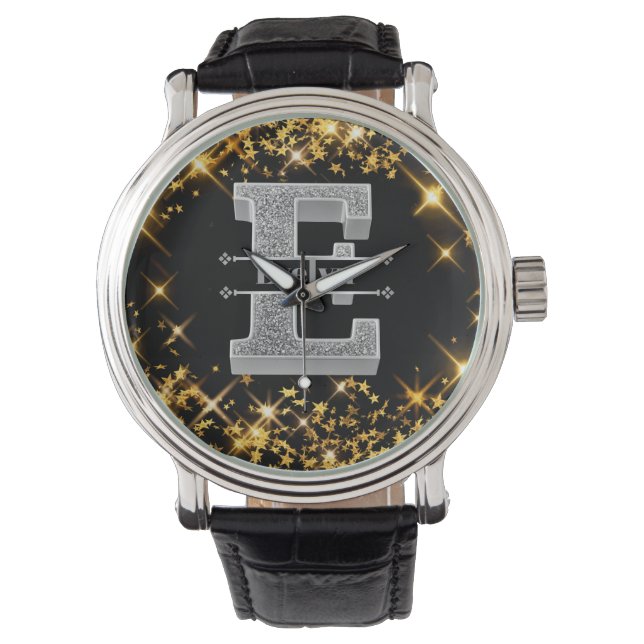 Gepersonaliseerde E Initiaal Silver Monogram Jouw  Horloge (Voorkant)