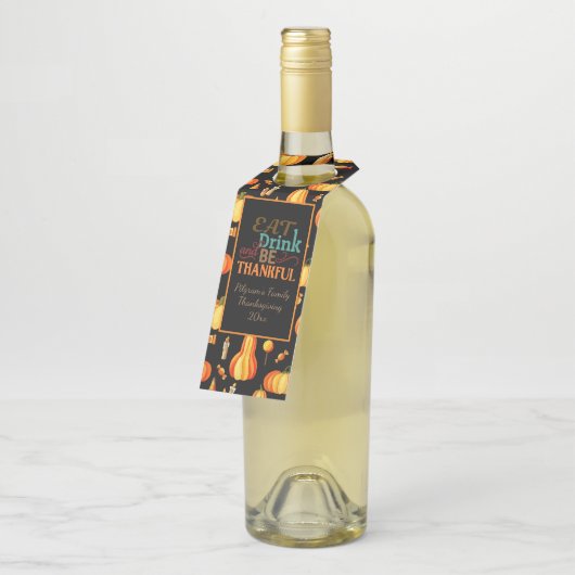 Gepersonaliseerde "Eat Drink & Be Thankful" met po Flessenhanger (Schuin)