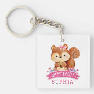 Gepersonaliseerde eekhoorn Happy Easter Pink Sleutelhanger