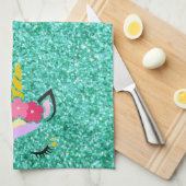 Gepersonaliseerde eenhoorn Blauwgroen glitter keuk Theedoek (Quarter Fold)