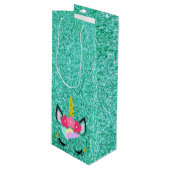 Gepersonaliseerde eenhoorn Blauwgroen glitter wijn Wijn Cadeautas (Voorkant Gekanteld)