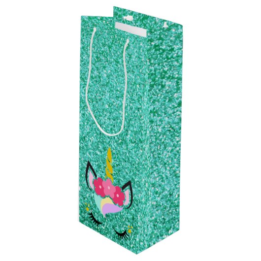Gepersonaliseerde eenhoorn Blauwgroen glitter wijn Wijn Cadeautas (Voorkant Gekanteld)