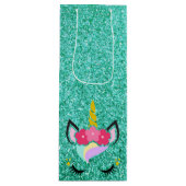 Gepersonaliseerde eenhoorn Blauwgroen glitter wijn Wijn Cadeautas (Voorkant)