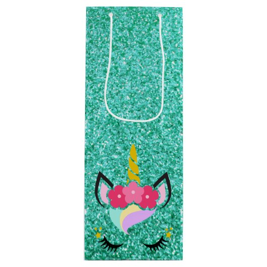 Gepersonaliseerde eenhoorn Blauwgroen glitter wijn Wijn Cadeautas (Voorkant)
