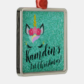 Gepersonaliseerde Eenhoorn Blauwgroen Glitter XMAS Metalen Ornament (Rechts)