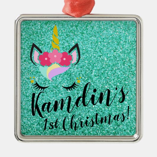 Gepersonaliseerde Eenhoorn Blauwgroen Glitter XMAS Metalen Ornament (Voorkant)