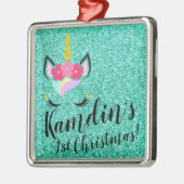 Gepersonaliseerde Eenhoorn Blauwgroen Glitter XMAS Metalen Ornament (Links)