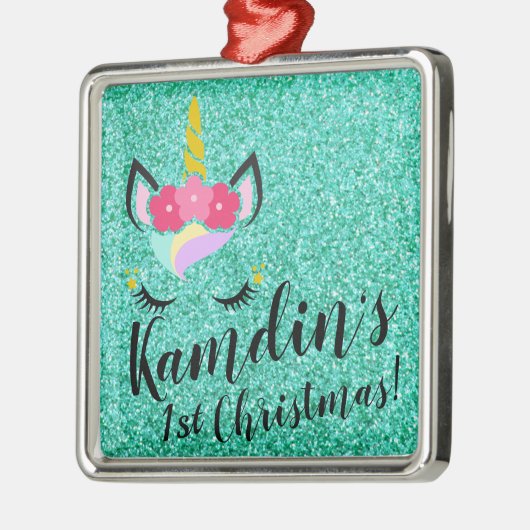 Gepersonaliseerde Eenhoorn Blauwgroen Glitter XMAS Metalen Ornament (Links)