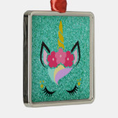 Gepersonaliseerde Eenhoorn Blauwgroen Glitter XMAS Metalen Ornament (Rechts)