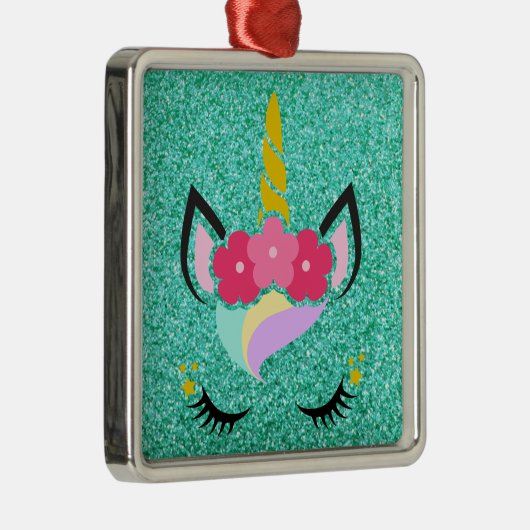 Gepersonaliseerde Eenhoorn Blauwgroen Glitter XMAS Metalen Ornament (Rechts)