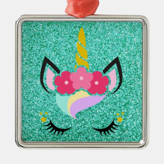 Gepersonaliseerde Eenhoorn Blauwgroen Glitter XMAS Metalen Ornament (Voorkant)