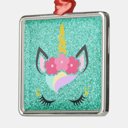 Gepersonaliseerde Eenhoorn Blauwgroen Glitter XMAS Metalen Ornament (Links)