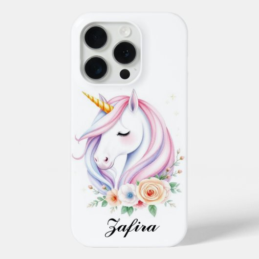 Gepersonaliseerde Eenhoorn Bloemen iPhone Case 15 (Achterkant)