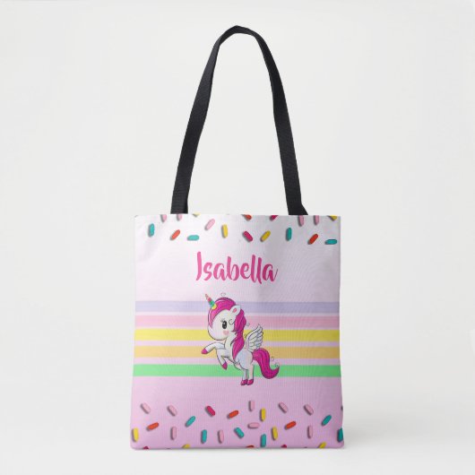 Gepersonaliseerde eenhoorn, cupcakes en sprenkels tote bag (Voorkant)