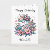 Gepersonaliseerde Eenhoorn en Bloemen Meisjes Verj Kaart (Voorkant)