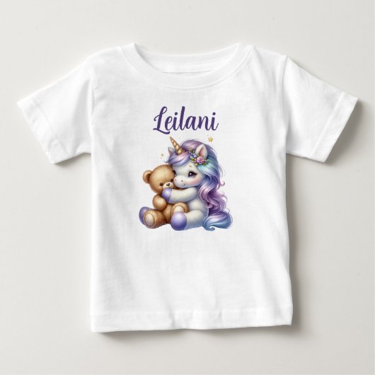 Gepersonaliseerde Eenhoorn en Teddy Bear Baby T-sh (Voorkant)