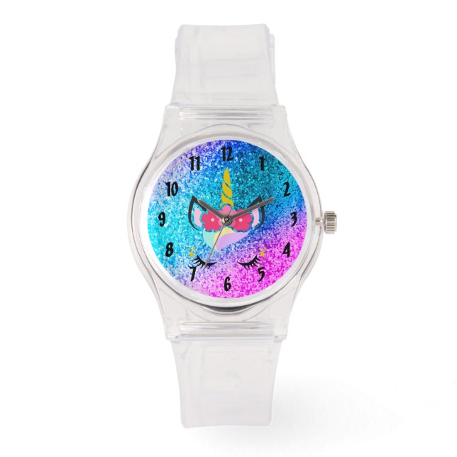 Gepersonaliseerde eenhoorn ombre glitter polshorlo horloge (Voorkant)