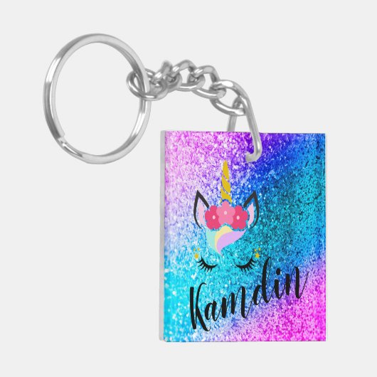 Gepersonaliseerde eenhoorn ombre glitter Sleutelha Sleutelhanger (Voorkant Links)