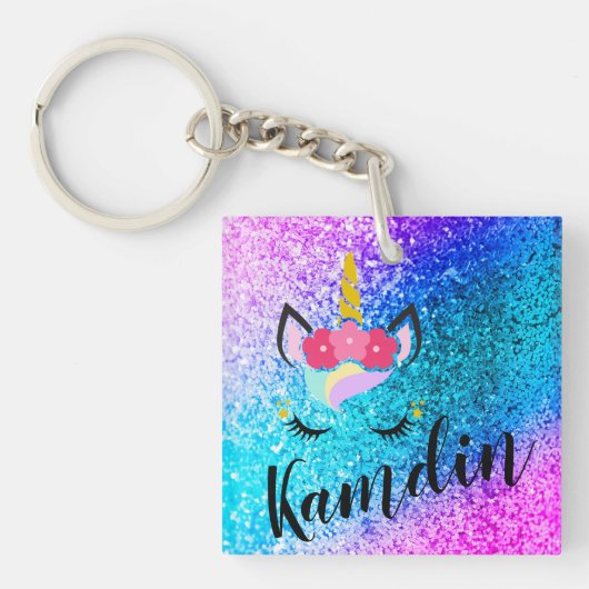 Gepersonaliseerde eenhoorn ombre glitter Sleutelha Sleutelhanger (Voorkant)