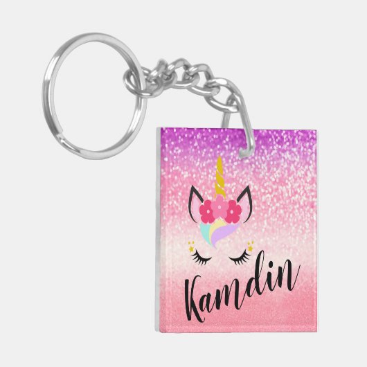Gepersonaliseerde eenhoorn ombre glitter Sleutelha Sleutelhanger (Voorkant Links)