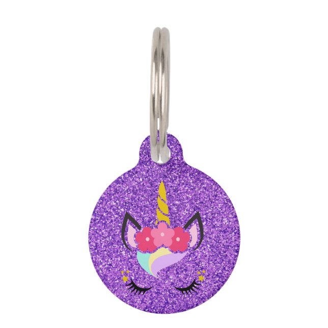 Gepersonaliseerde Eenhoorn Paarse Glitter Dog ID L Huisdierpenning (Voorkant)