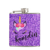 Gepersonaliseerde eenhoorn Paarse glitter kolf Heupfles (Voorkant)