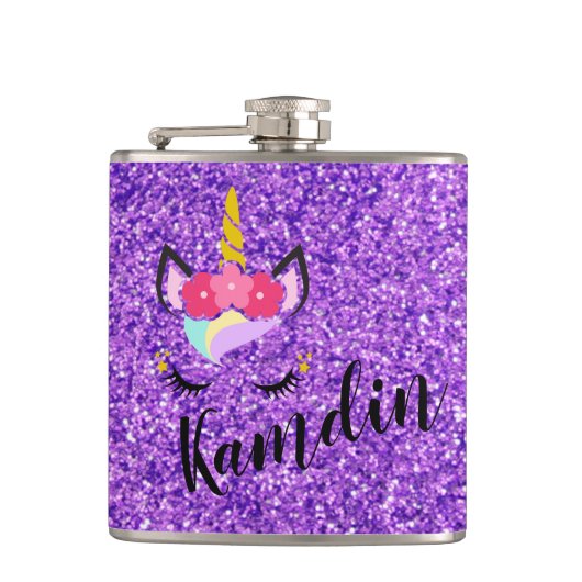 Gepersonaliseerde eenhoorn Paarse glitter kolf Heupfles (Voorkant)